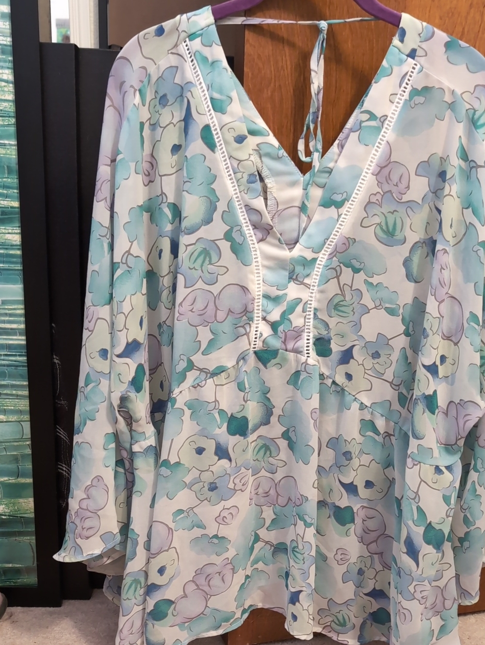 Floral V-Neck Sheer Women's Baby Doll - Light Blue, Green & Lavender